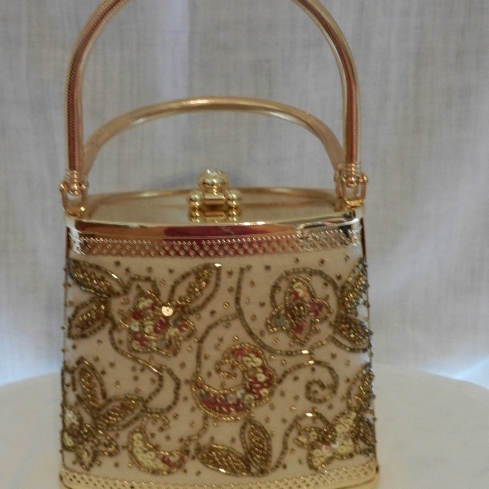 Special Occasion Bag - Gold with beads, metal 9 x 6 inches